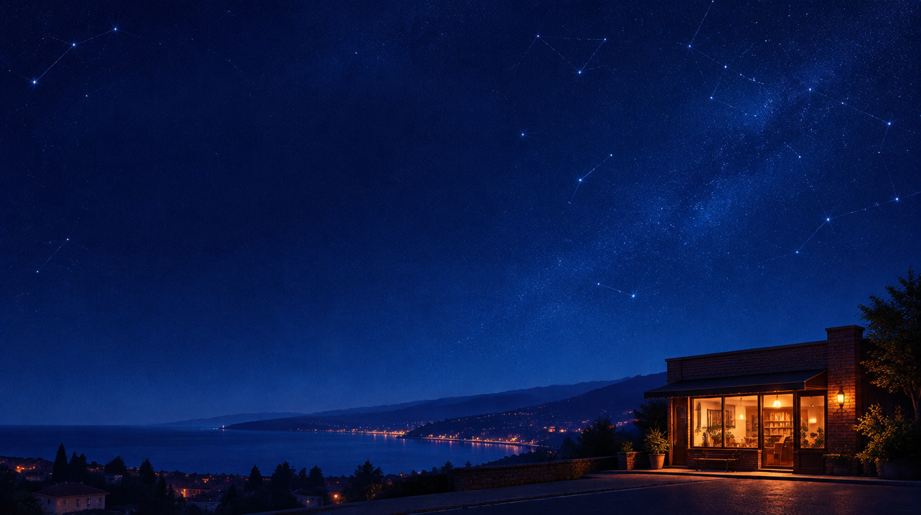 A warm late-night salon beneath a deep-blue, starry sky
